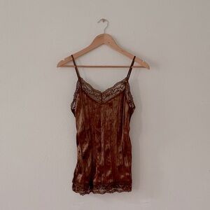 Crinkle Velvet Camisole Lace Trim Cami Top